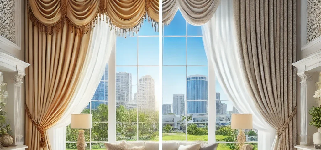 Here is the image comparing custom and off-the-shelf window treatments in Tampa. The split view highlights the differences in quality and fit between the two options.