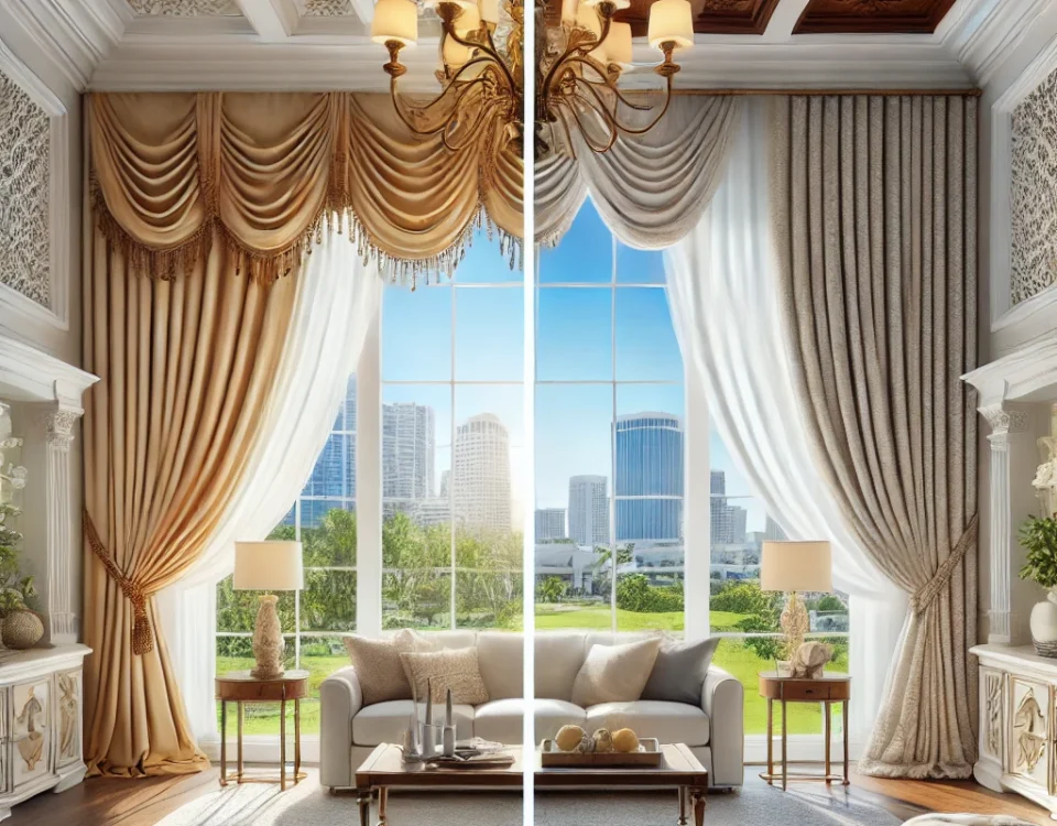 Here is the image comparing custom and off-the-shelf window treatments in Tampa. The split view highlights the differences in quality and fit between the two options. | Drapery Company Here is the image comparing custom and off-the-shelf window treatments in Tampa. The split view highlights the differences in quality and fit between the two options.