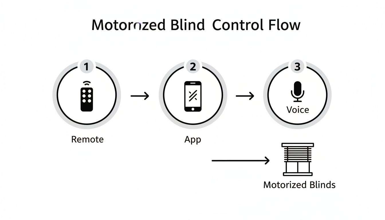 A diagram showing the control flow for motorized blinds, including remote, app, and voice options.