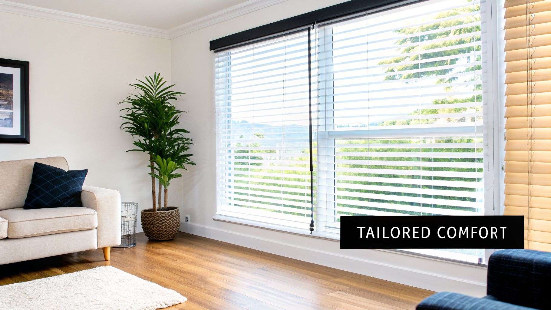 Bright living room with custom white and wooden window blinds, a beige sofa, and a green plant, offering tailored comfort.