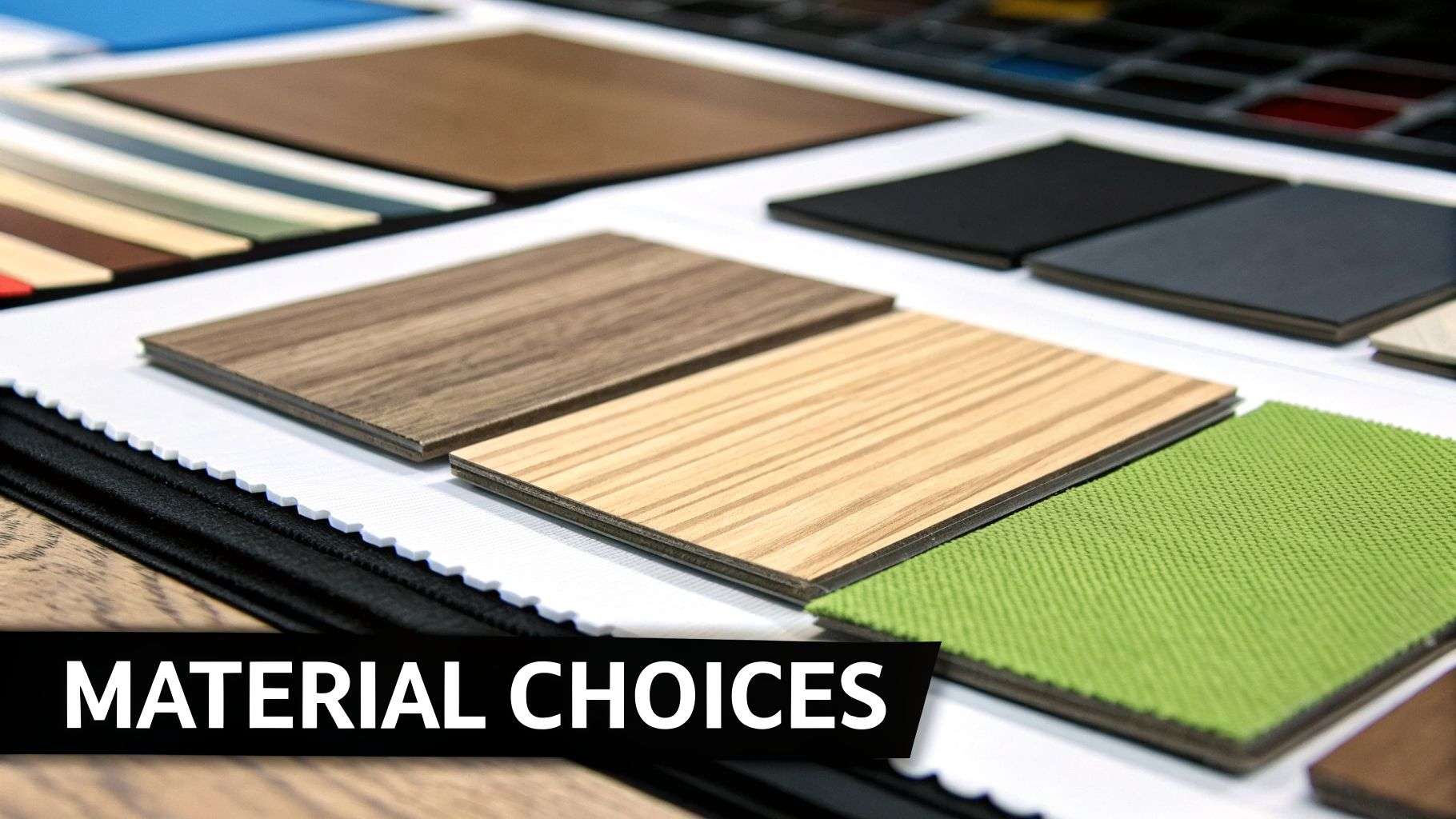 A close-up of various material samples, including different wood grains, solid colors, and a textured green fabric.
