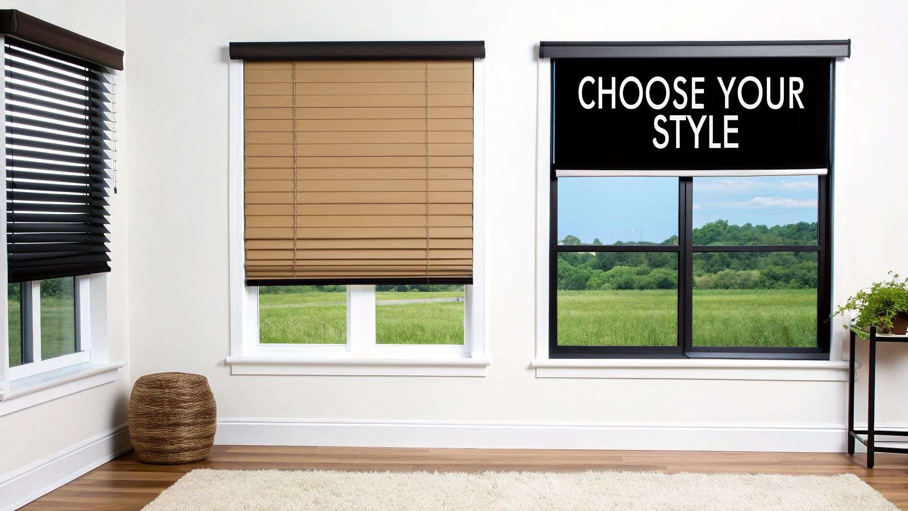 Three windows display different styles of custom window blinds and shades, including black and tan.