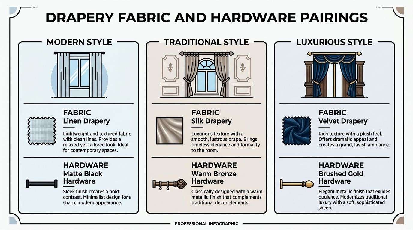 An infographic displaying different drapery fabric and hardware pairings for modern, traditional, and luxurious interior design styles.