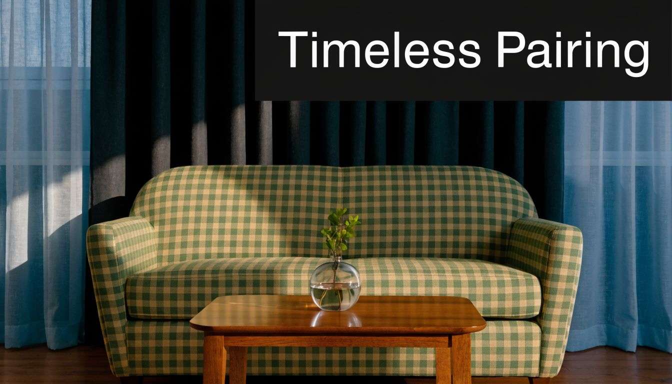 A classic green and cream gingham sofa sits behind a simple wooden coffee table in front of curtains.