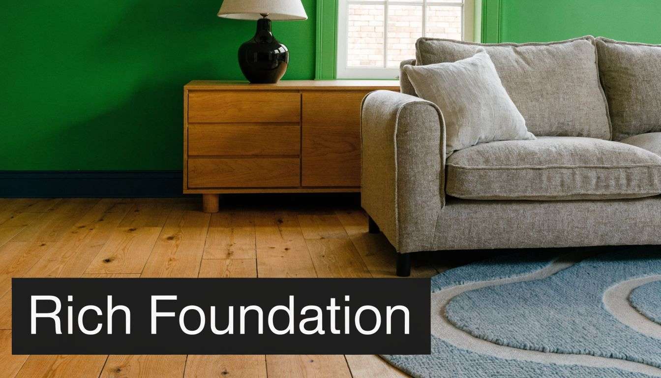 A modern living room with a green wall, a beige sofa, wooden cabinet, and a blue rug.