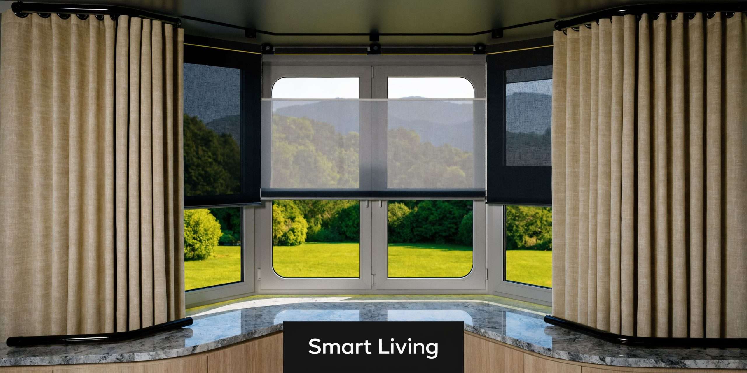 A scenic bay window featuring modern curtains and pull-down shades overlooking a lush green valley landscape.