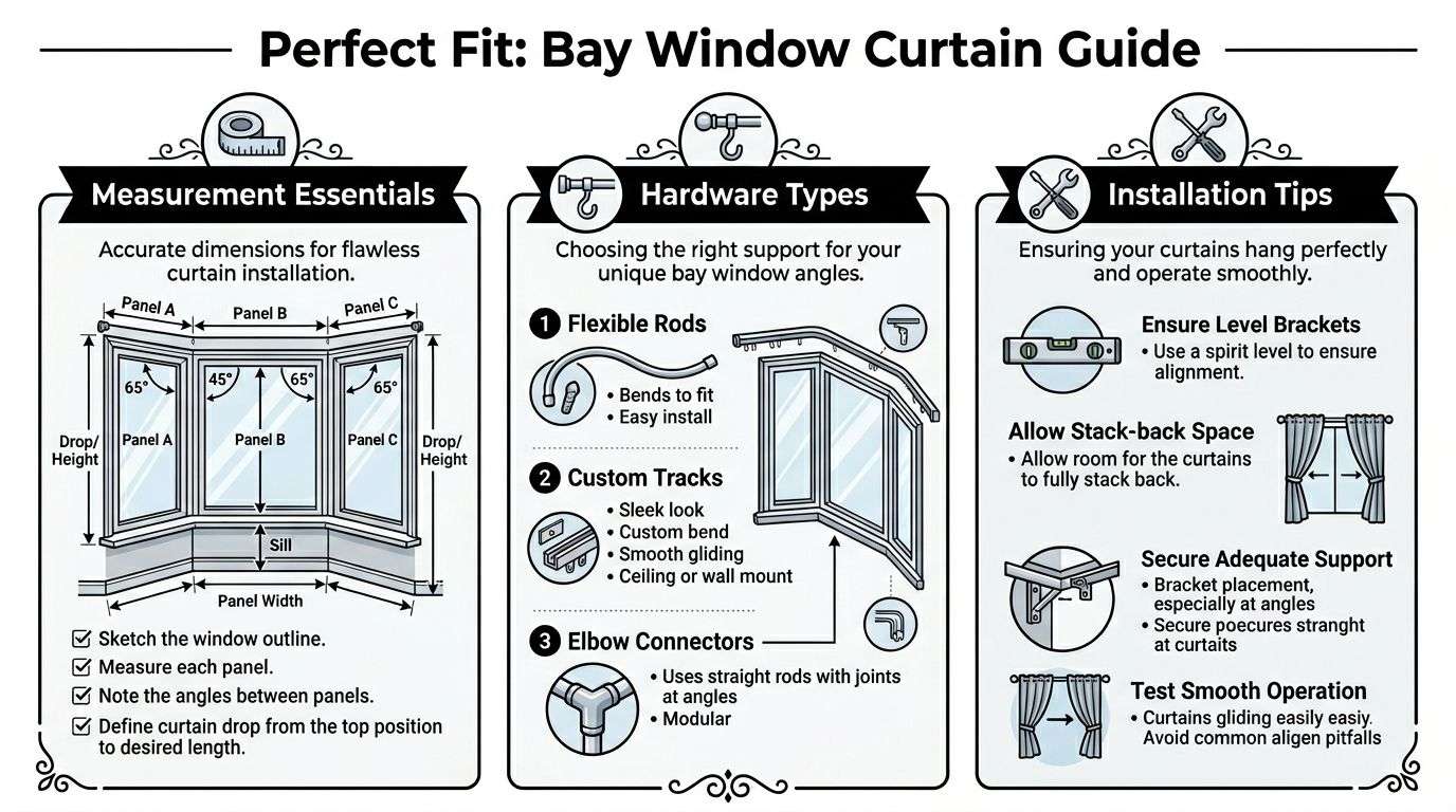 A helpful infographic showing step-by-step instructions for measuring, selecting, and installing curtains for bay windows.
