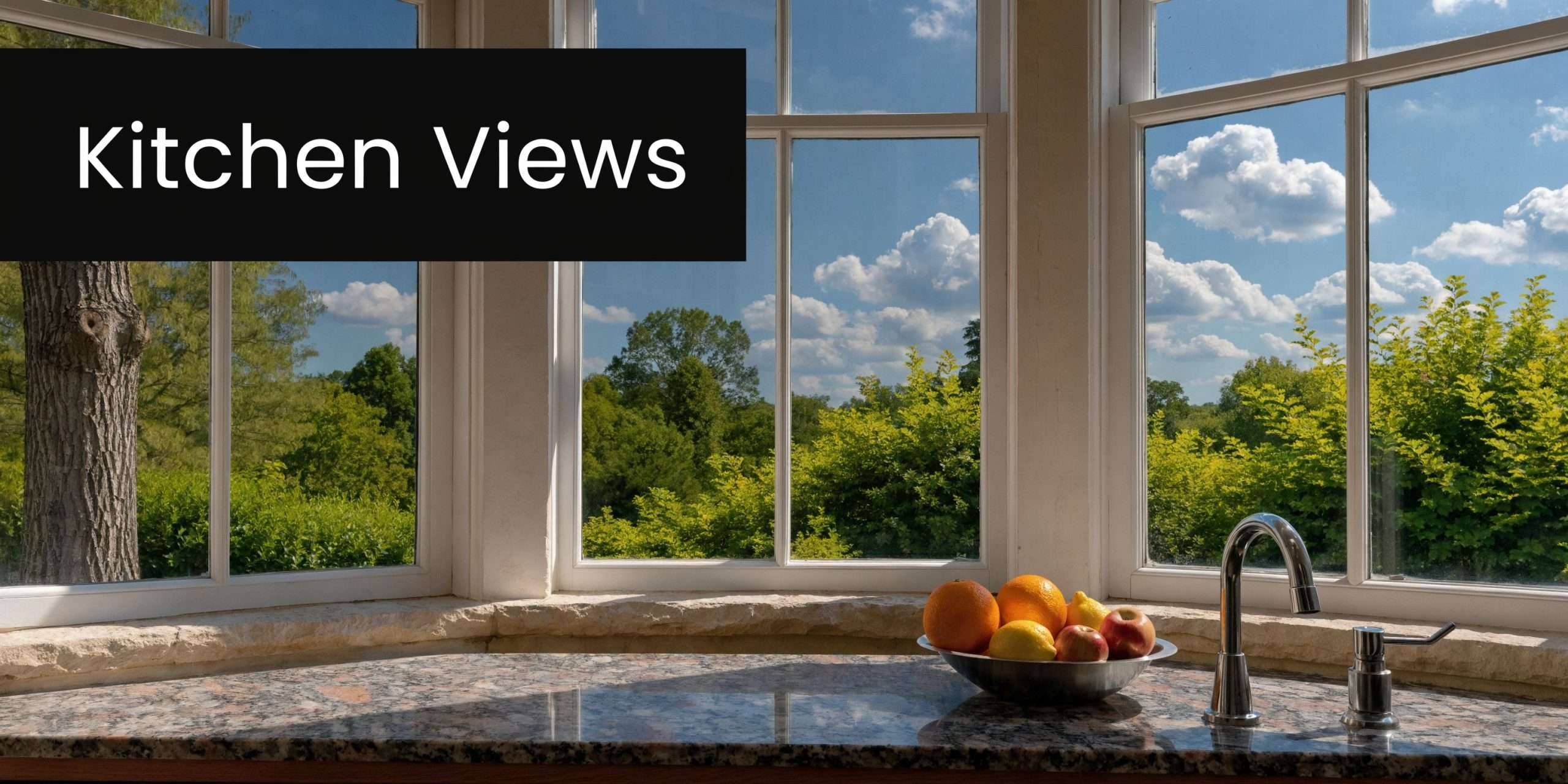A scenic view of a lush green backyard through a kitchen bay window with a fruit bowl