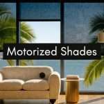 Living room with a beige sofa and gold side table by large waterfront windows showing palm trees; banner reads 'Motorized Shades' across the scene.