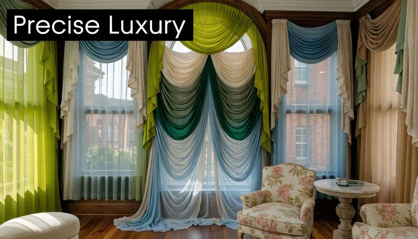 Luxurious floor-to-ceiling multi-colored curtains draped elegantly over windows in a sophisticated, well-lit living room interior.
