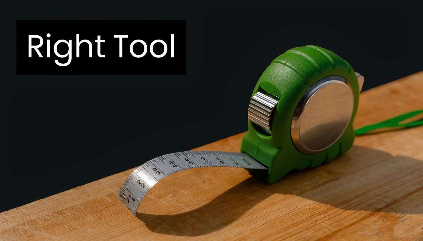 A green tape measure rests on a wooden surface next to text reading Right Tool.
