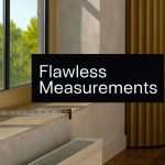 accurate-tape-measure-window-measurement | Drapery Company Measuring tape on a sunlit window sill in a living room, with a checkered chair nearby and a bold 'Flawless Measurements' banner overlay.
