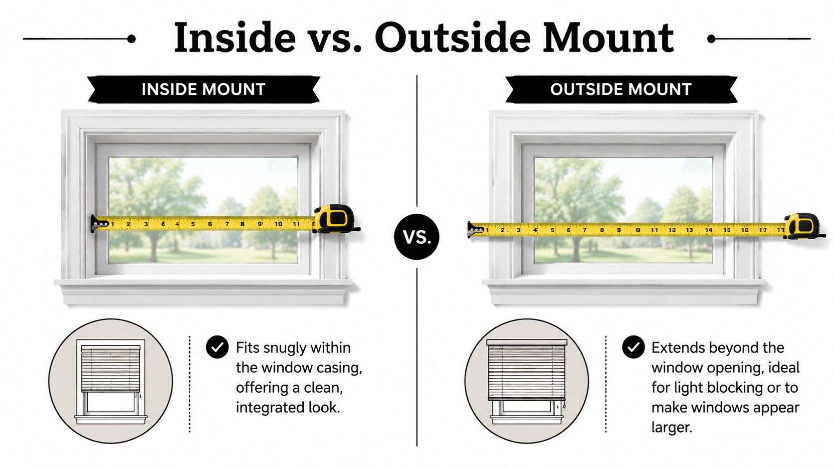 A diagram comparing inside and outside window mounting methods using an accurate tape measure for dimensions.