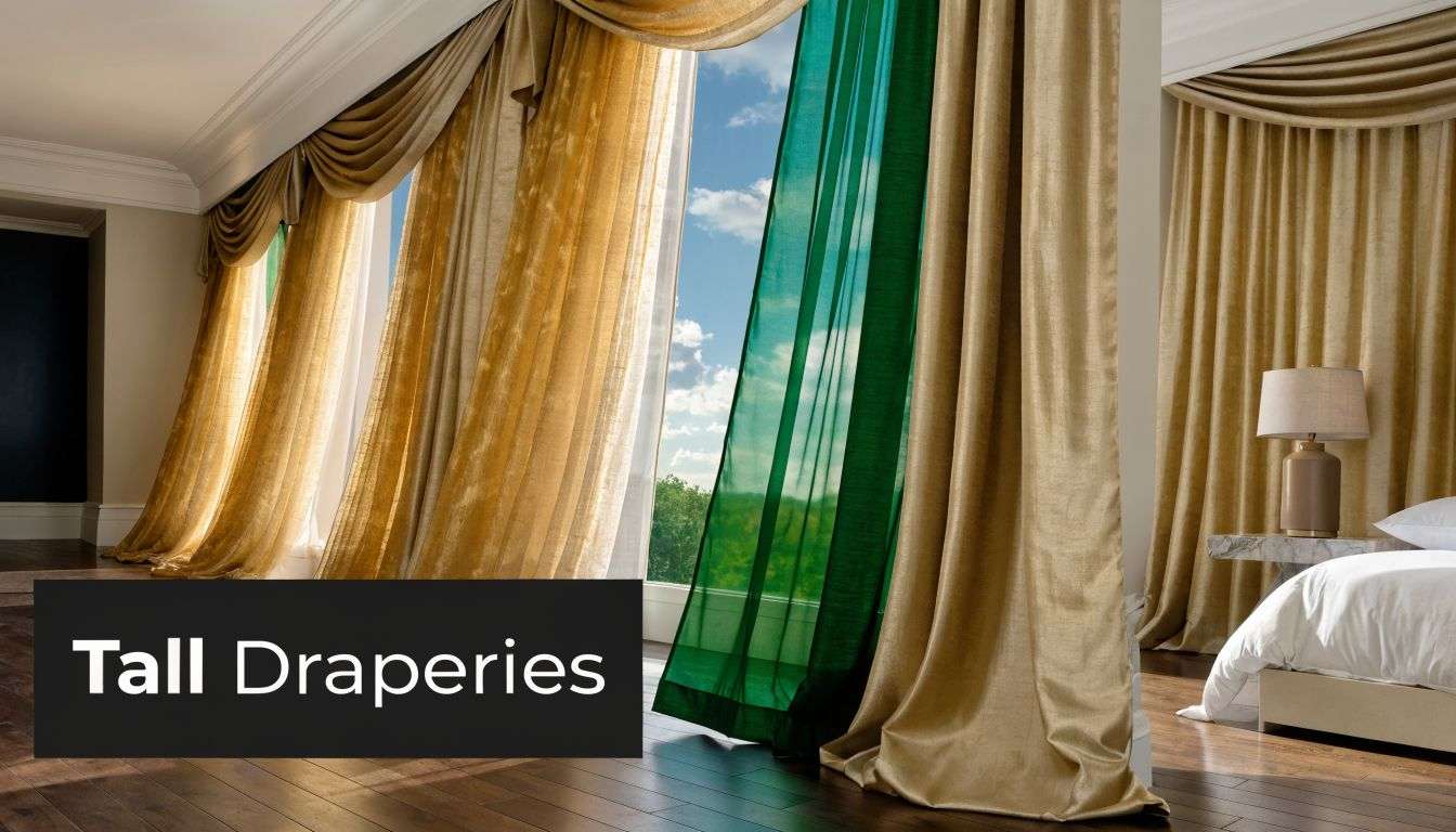 Luxurious floor-to-ceiling gold velvet curtains with green sheer panels in a sophisticated bedroom window design.