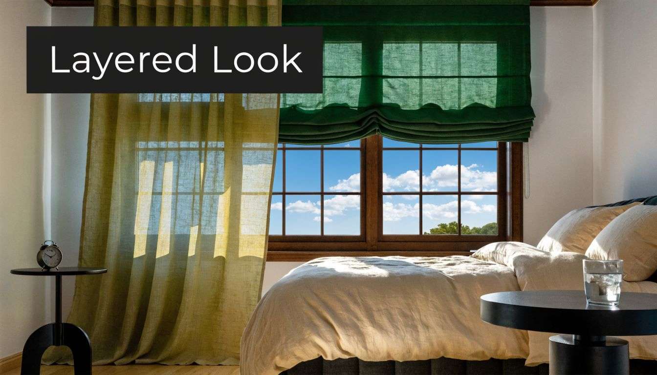 Bedroom interior featuring a window with layered green curtains and a roman blind above a bed.