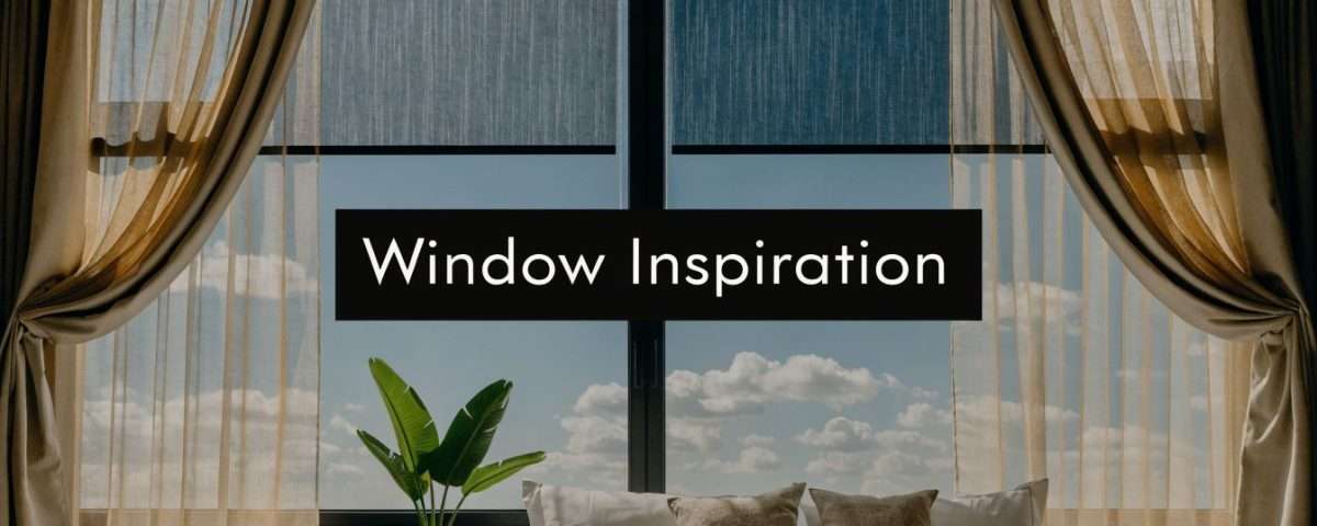 bedroom-window-design-ideas-window-treatment | Drapery Company Bedroom interior with a large window, sheer beige curtains, a bed with pillows, and a potted plant; overlay reads 'Window Inspiration'