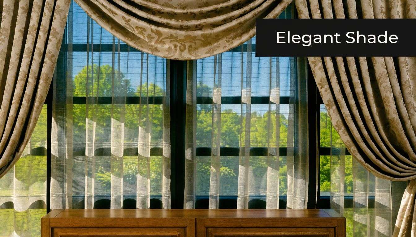 Elegant window treatments featuring a decorative valance and sheer curtains over a view of green trees.