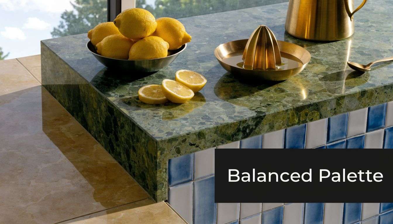 A luxurious kitchen counter featuring green stone, yellow lemons, and gold accents with blue tiled details.