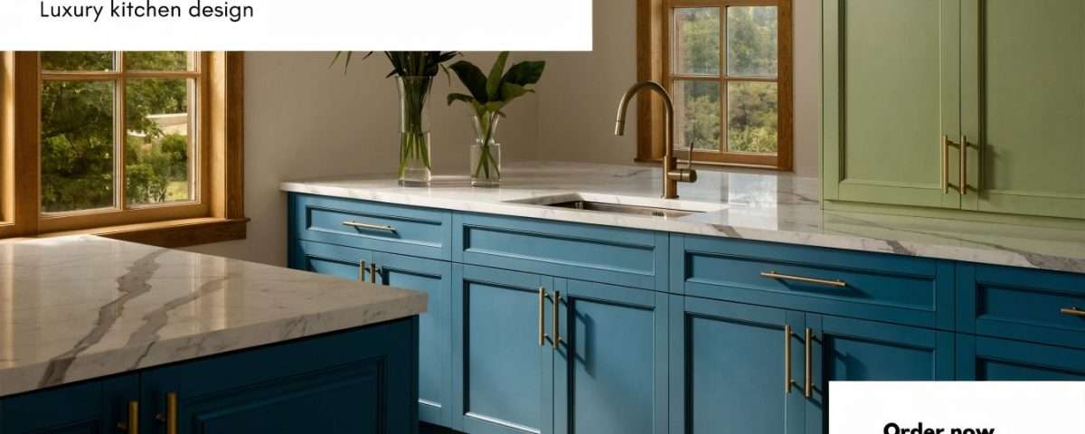 Kitchen design image with blue lower cabinets, green upper cabinets, marble countertops, and a brass faucet by a window; features a 'Blue & Green Kitchens' headline.