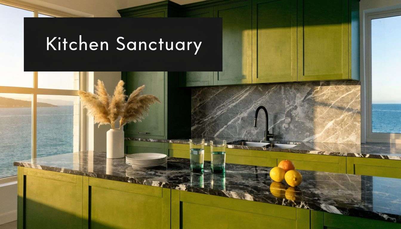 A modern kitchen with olive green cabinets, black marble countertops, and a stunning ocean view.