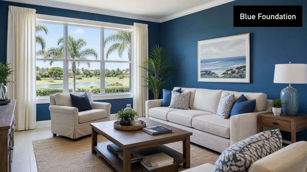A bright coastal living room featuring deep blue walls, beige furniture, and a scenic window view.
