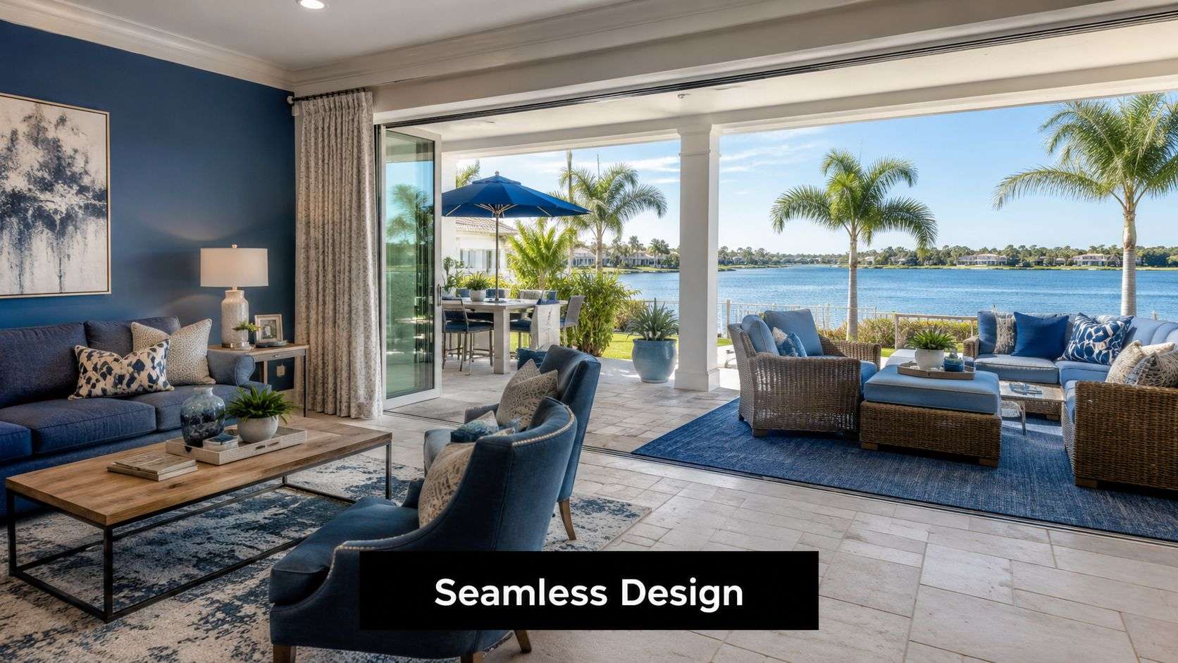 An open-concept living room featuring blue wall decor and sliding doors leading to a scenic lakefront patio.