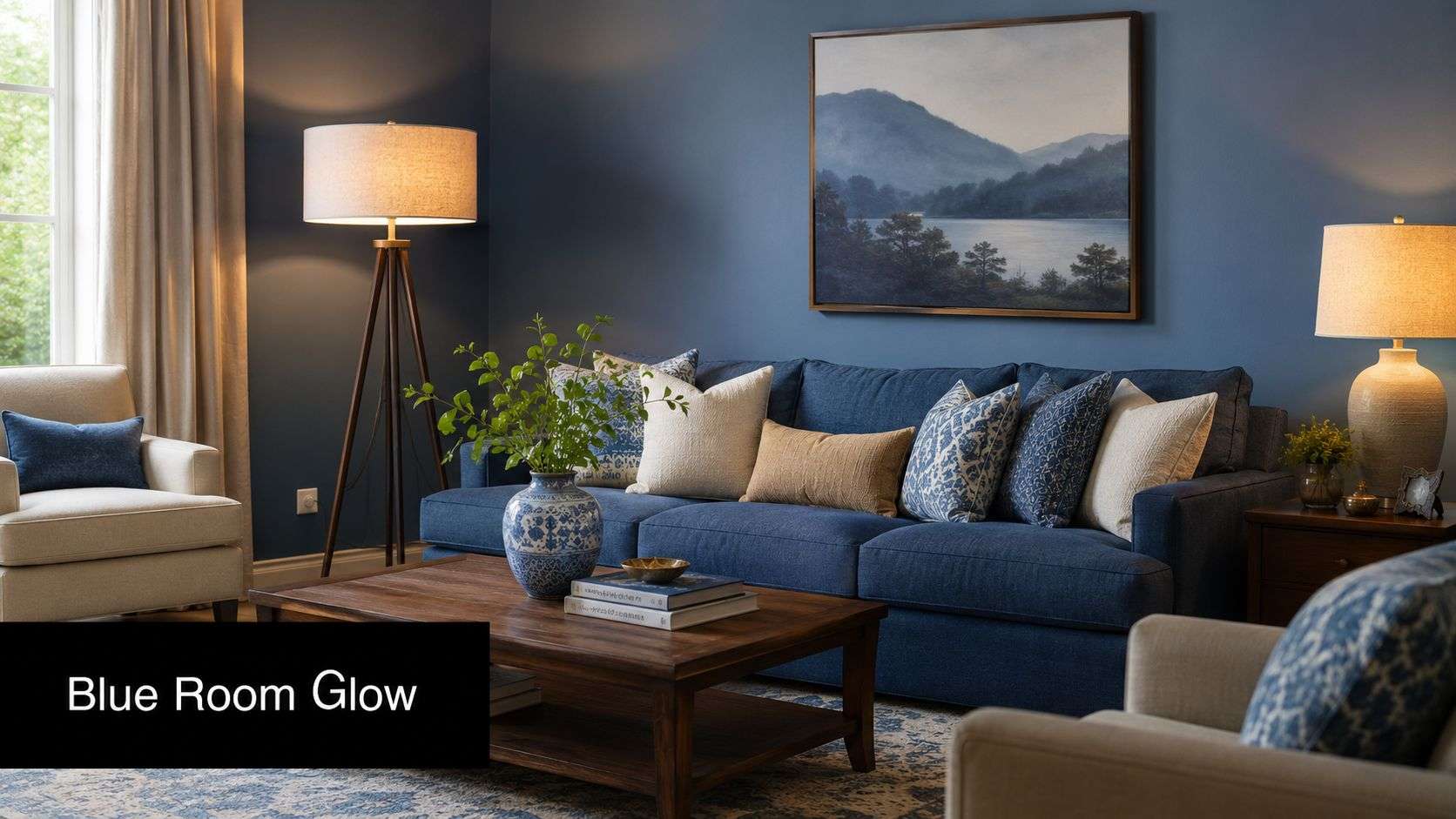 A cozy living room featuring a navy blue sofa against dark blue walls with warm ambient lighting.