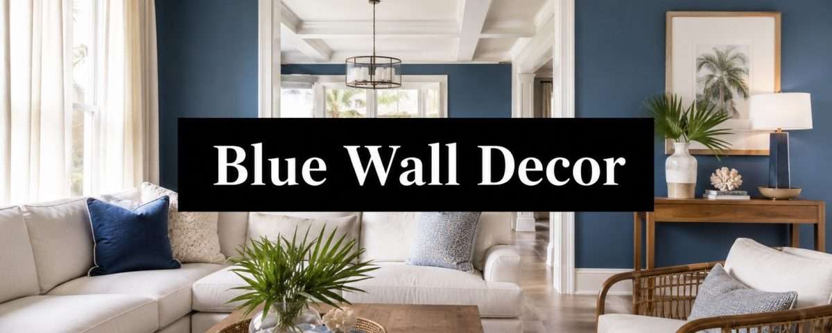 Living room with a deep blue wall, beige sectional, and greenery; bold black banner reads 'Blue Wall Decor' across the center.