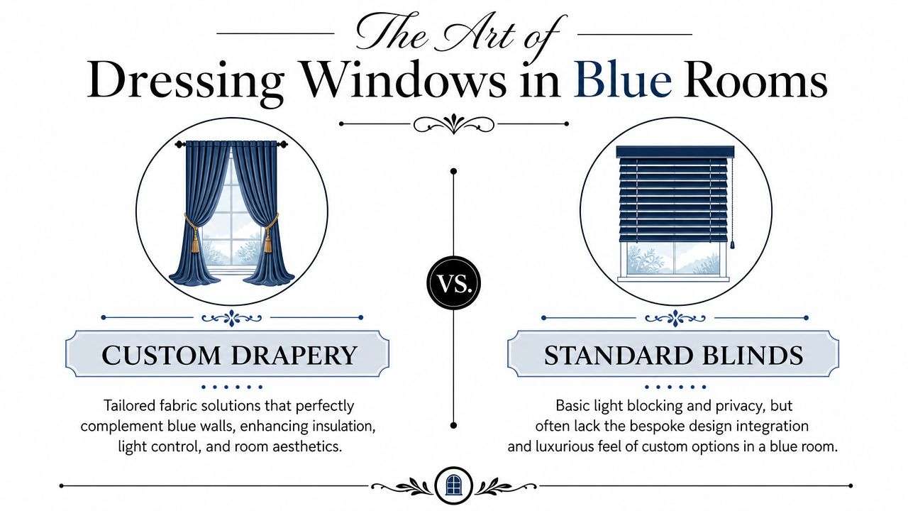 An infographic comparing elegant blue custom drapery with standard window blinds for blue-themed interior room decor.