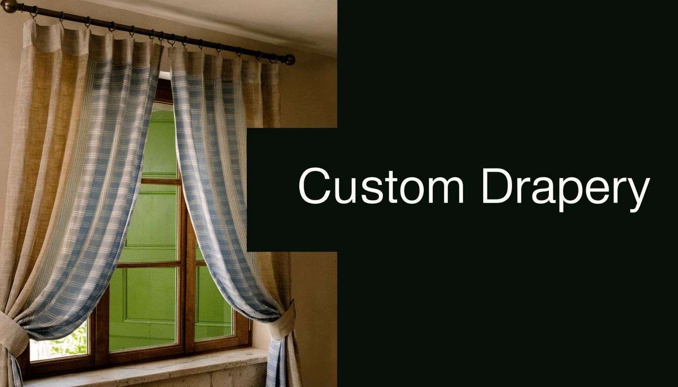 Elegant custom curtains with blue and tan striped fabric hanging over a wooden framed window.