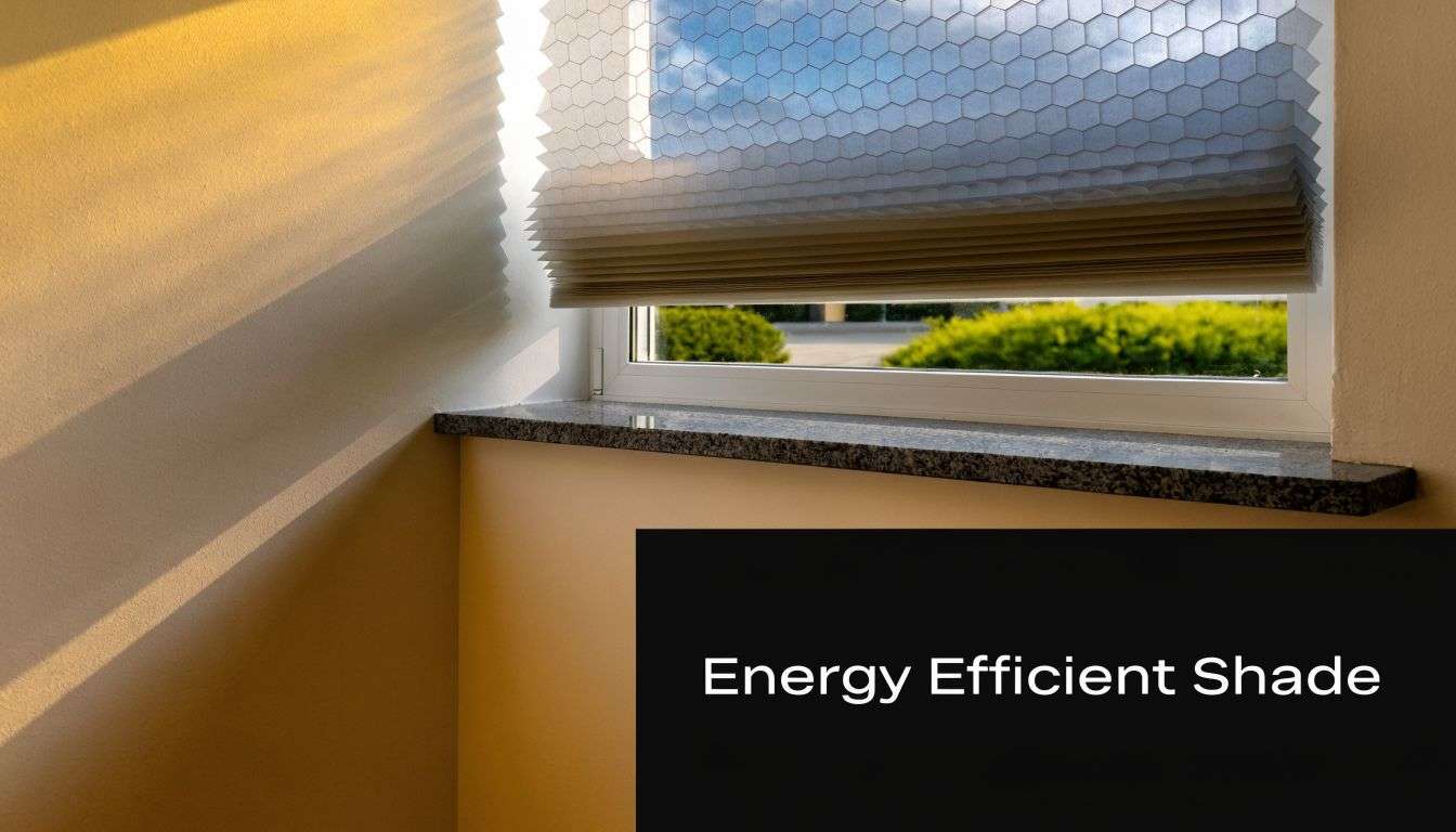 A close-up view of a modern honeycomb energy efficient window shade partially covering a small room window.