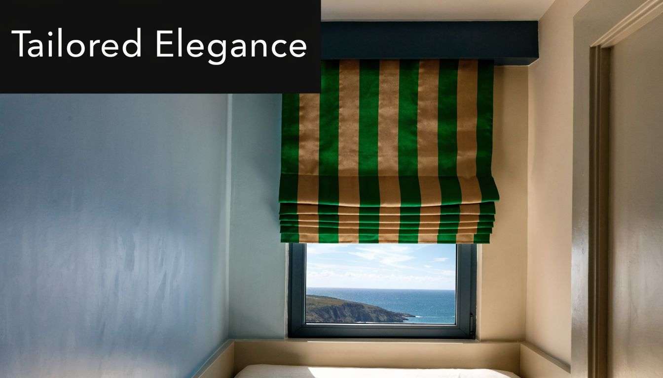A small window with a green and gold striped Roman shade overlooking a beautiful coastal sea view.