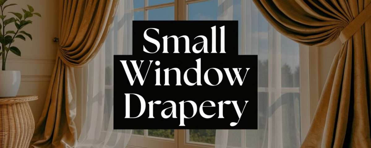 Banner text 'Small Window Drapery' over a sunlit window with sheer white curtains and gold drapes.