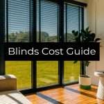 Sunlit living room with large windows and horizontal blinds; overlay text reads 'Blinds Cost Guide' for an article cover image.