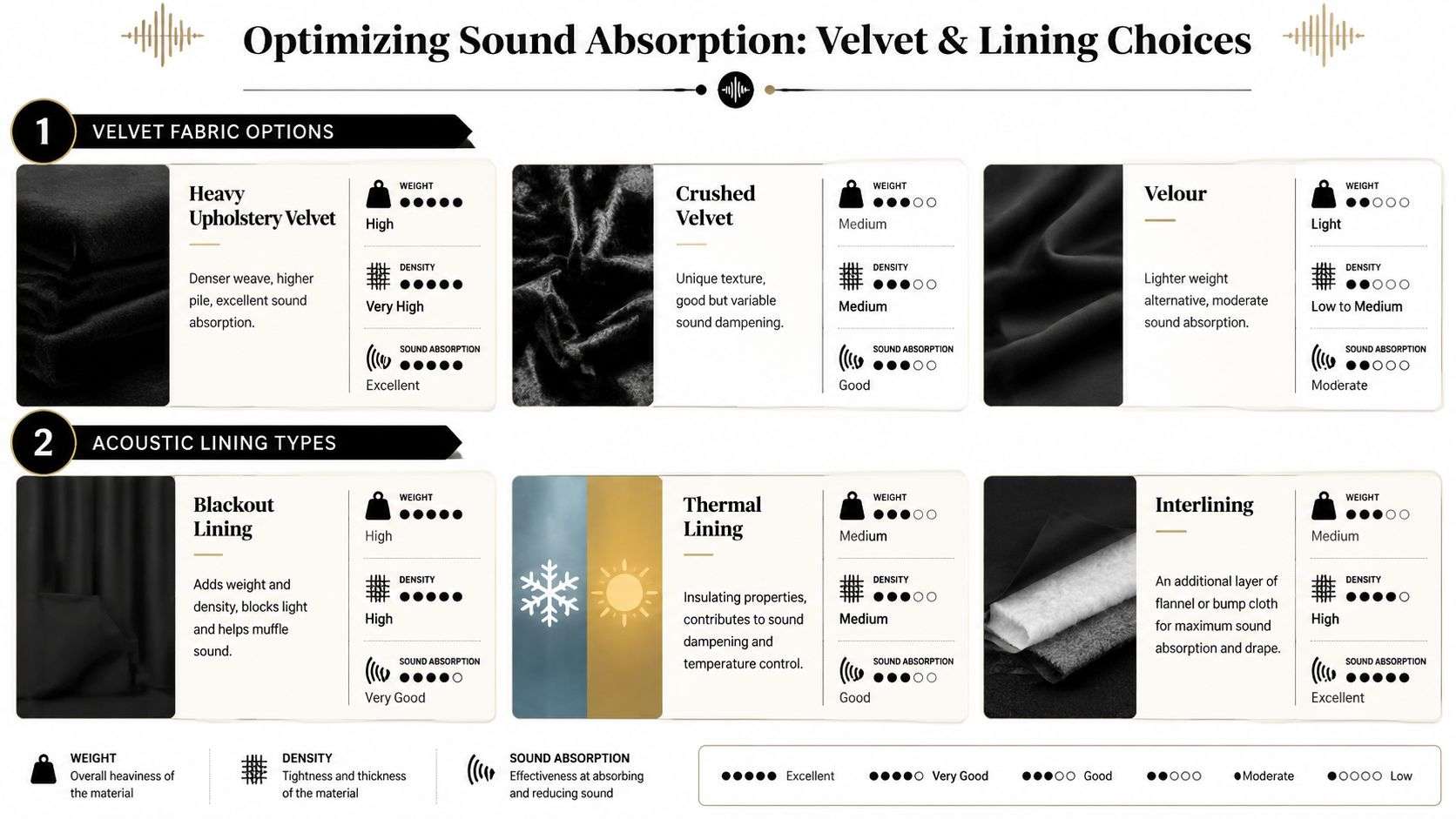 An infographic comparing velvet fabric types and acoustic lining options for maximizing sound absorption in curtains.