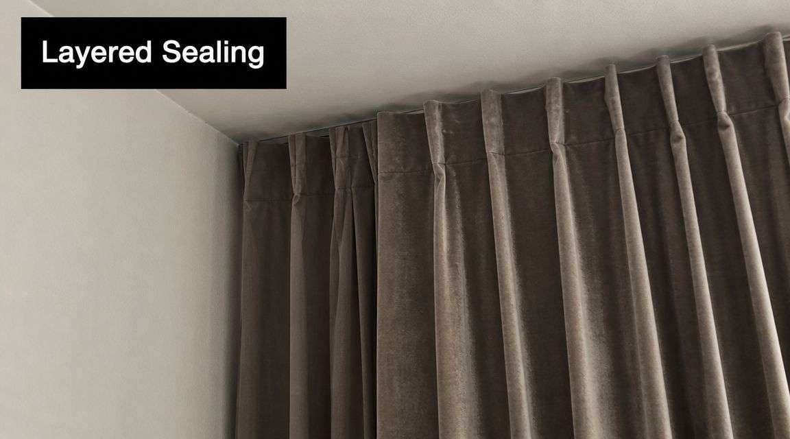 Close up of beige velvet curtains hanging from a ceiling track demonstrating layered sealing for soundproofing.