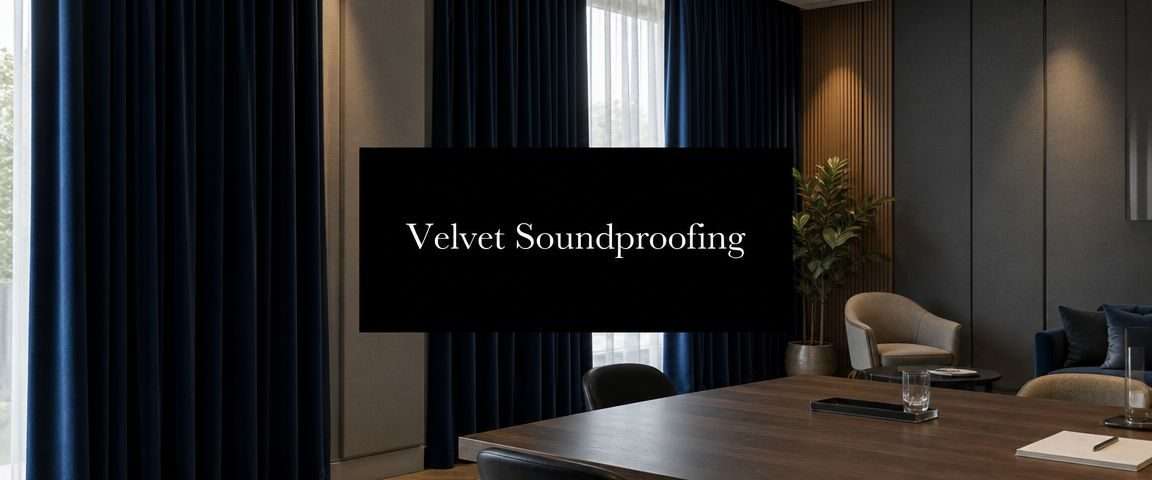 velvet-curtains-for-soundproofing-meeting-room | Drapery Company Conference room with a large screen displaying 'Velvet Soundproofing', a dark wooden table, and navy drapes. A seating area and plant sit in the background.