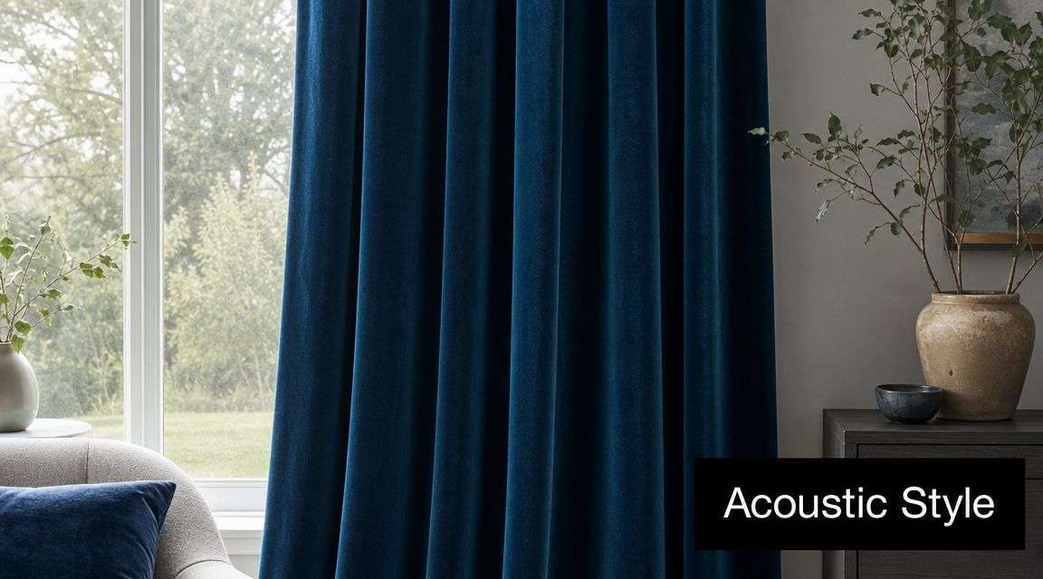 Elegant deep blue velvet curtains hung by a bright window, perfect for home acoustic soundproofing and decor.