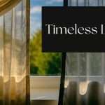 Black banner with white serif text 'Timeless Luxury' over sunlit sheer curtains in a bright room window view.