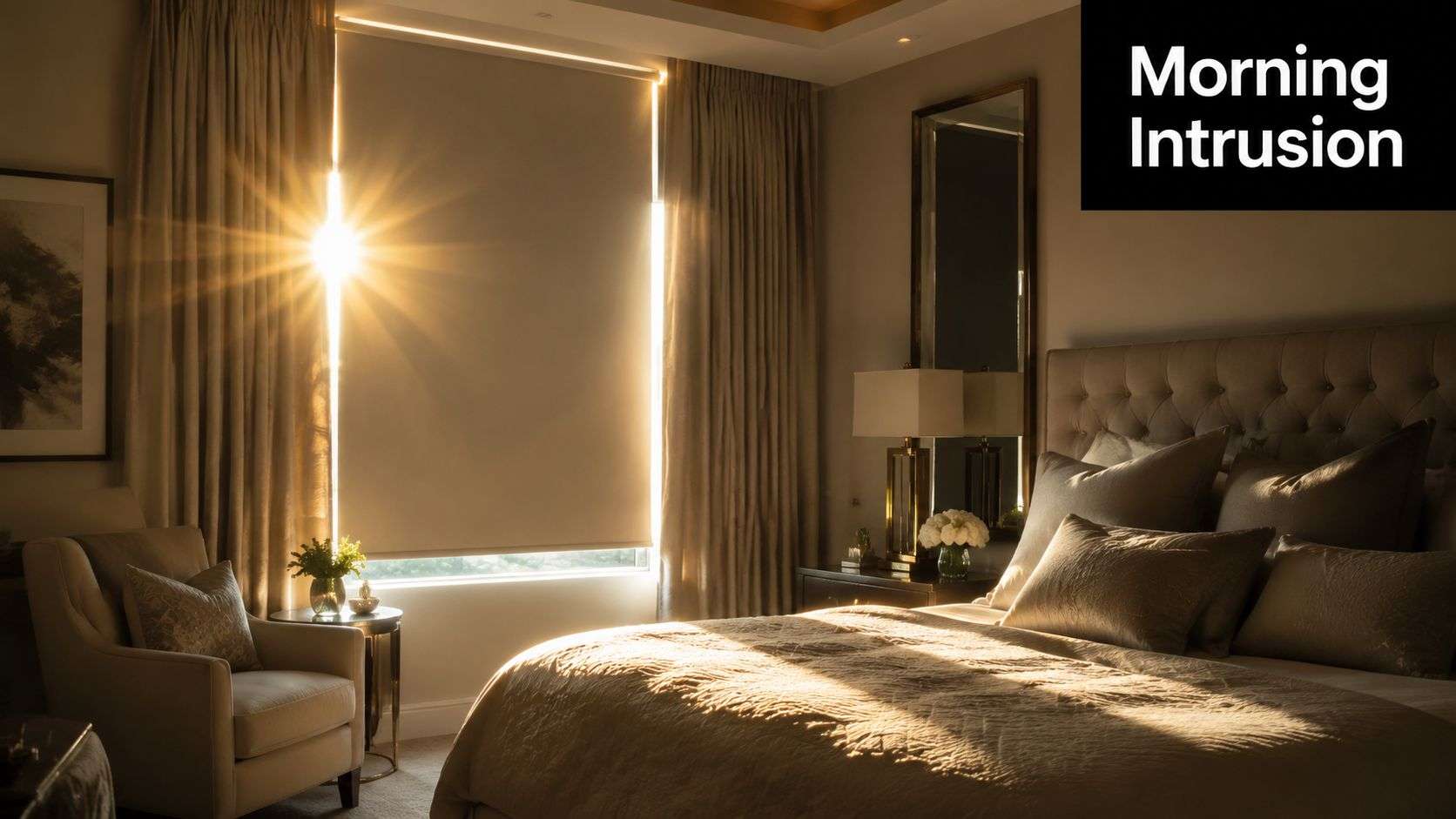Sunlight streaming through gaps in a bedroom window with blackout curtains, creating a warm, bright interior.