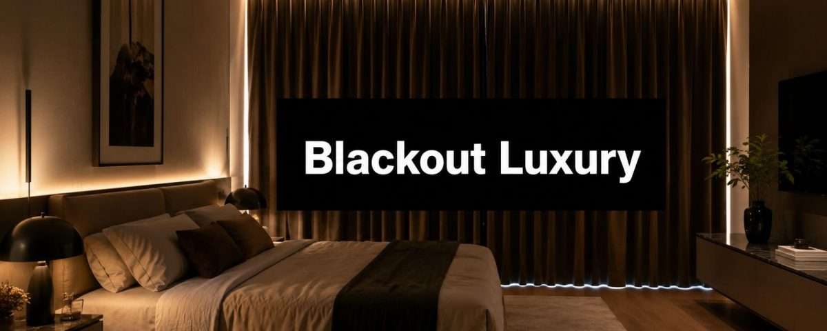 blackout-curtains-for-bedrooms-luxury-bedroom | Drapery Company Luxurious hotel bedroom at night with ambient lighting; a large screen above the bed reads 'Blackout Luxury'.