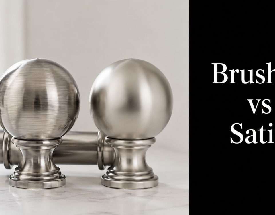Two metallic spherical finials on a marble surface beside a black panel reading 'Brushed vs Satin'—a finishes comparison image.