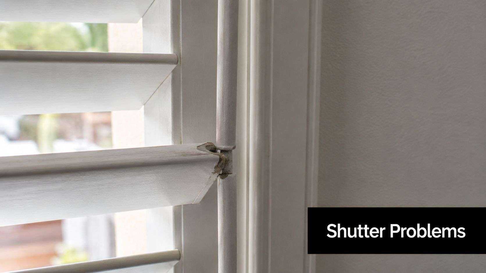 A close-up view showing a broken shutter louver connector piece on white plantation window shutters.