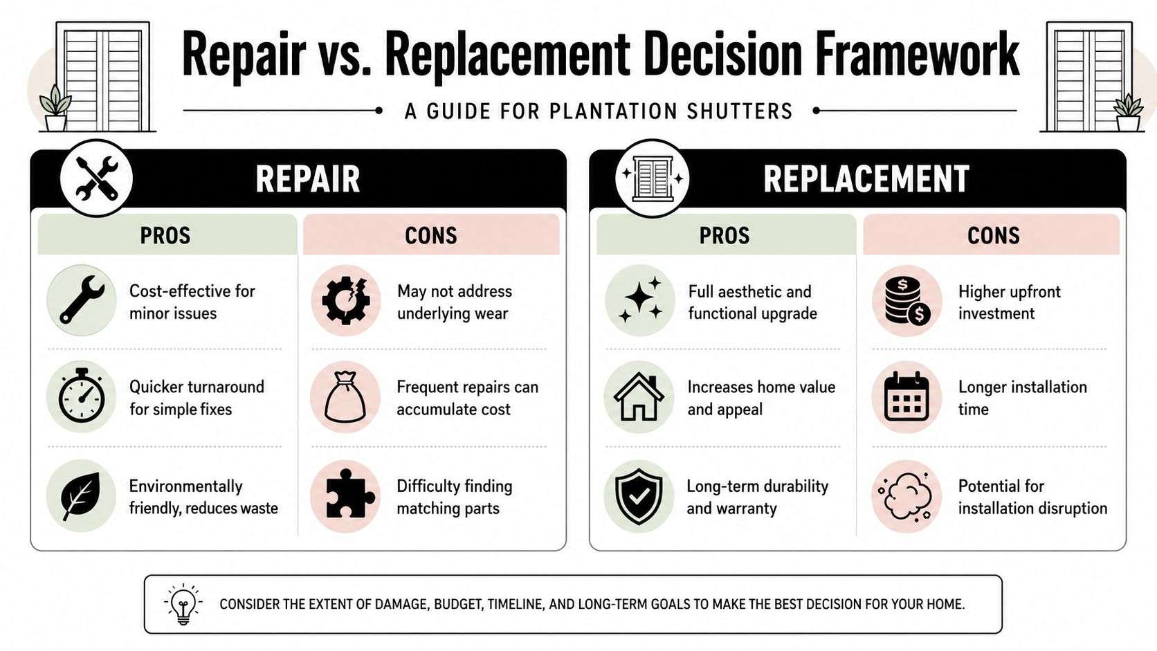 An infographic comparing the pros and cons of repairing versus replacing plantation shutters for homeowners.