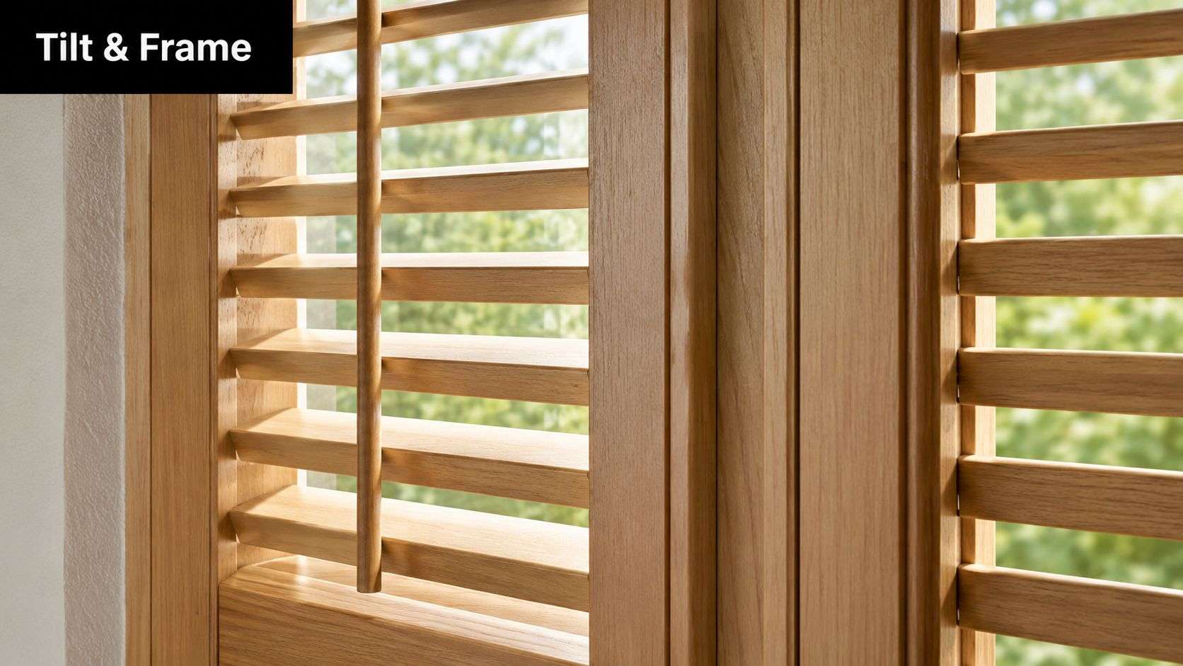 Close up view of wooden plantation shutters with visible tilt rod and frame details in a room.