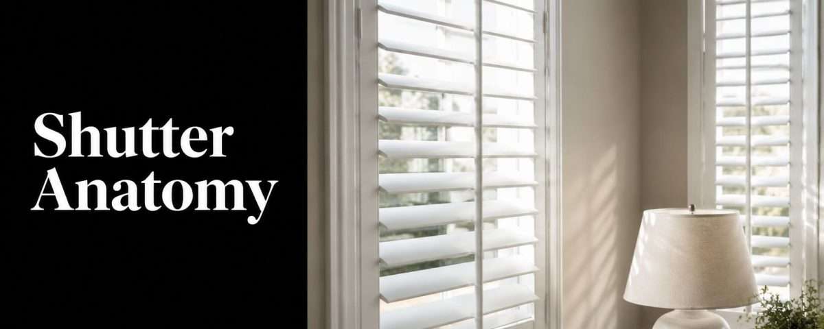 Banner-style image reading 'Shutter Anatomy' next to a sunlit window with white blinds and a table lamp nearby.