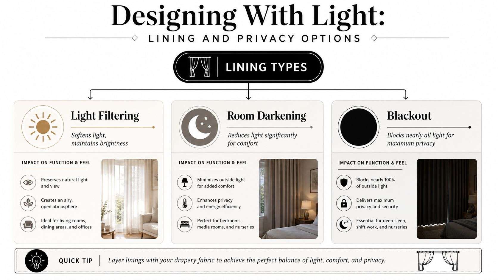 A design infographic explaining the differences between light filtering, room darkening, and blackout curtain lining options.