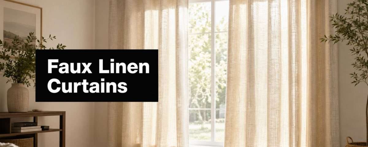 Living room with beige faux linen curtains on a large window; black label reads 'Faux Linen Curtains'.