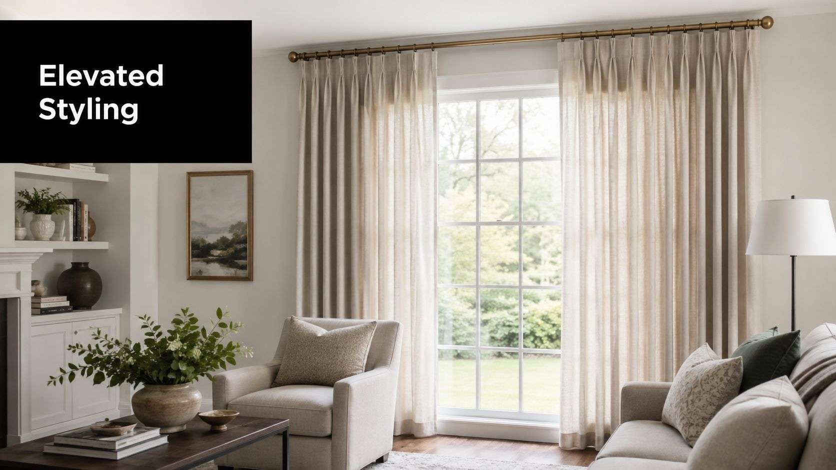 A bright, elegant living room featuring floor-to-ceiling faux linen curtains hanging from a brushed brass rod.