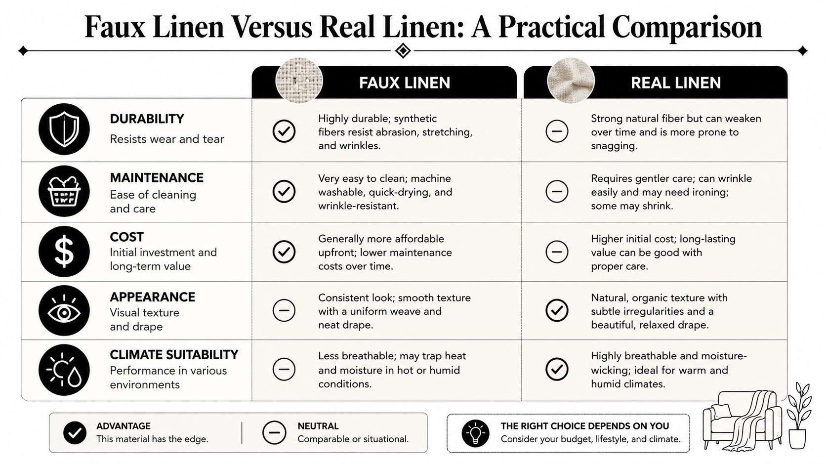 A comparison chart showing the differences between faux linen and real linen textiles including durability and maintenance.